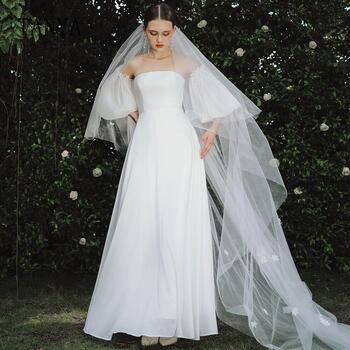 Simple Chiffon Strapless Wedding Gown With Detachable Sleeves A Line Floor Length Garden Wedding Dresses for Outdoor Wedding