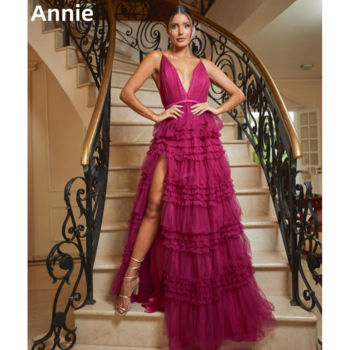 Annie Purple V-neck Prom Dresses Luxury Tulle Open Back Evening Dresses Formal Occasions Wedding Party Dress فساتين سهرة