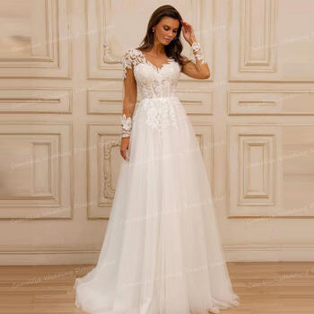 2024 Vintage Wedding Dresses Sexy A Line Long Sleeve Appliques Women's For Bridal Gowns Fluffy Tulle Sweetheart Backless Vestido