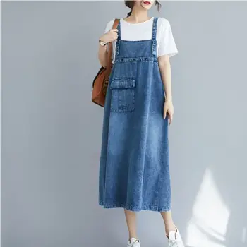 Summer Overalls Spaghetti Straps Dress Vintage Sleeveless Denim Dresses Women Loose A-line Midi Dress Female with Pockets