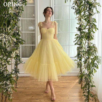 OEING Fairy Yellow Prom Dresses Princess Tulle Tea Length Women Evening Gowns Pastrol Off The Shoulder Wedding Party Dress