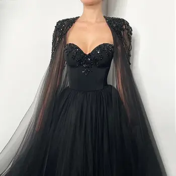 Black Sweetheart Pearls Beads Evening Dresses with Cape Sleeves Elegant Sweep Train A-Line Prom Gowns Luxury Party Dresses