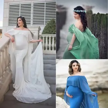 Women's Off Shoulder Elegant Fitted Maternity Gown Chiffon Flare Cape Sleeve Slim Fit Maxi Photography Dress for Baby Shower