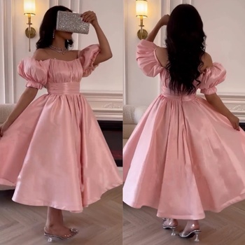 Satin Pleat Wedding Party A-line Off-the-shoulder Bespoke Occasion Gown Midi Dresses
