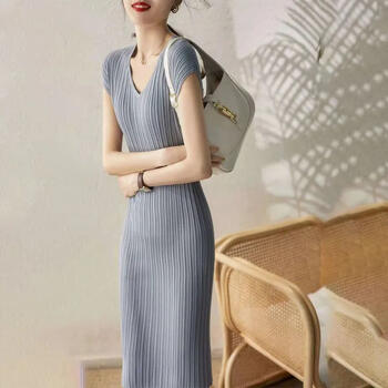 Vintage Ribbed V-Neck Long Dress for Women Solid Slim Fit All-Match Knit Bodycon Dresses Korean Temperament Office Lady Vestidos