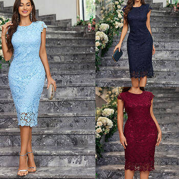 Women's Elegant Round Neck Wrapped Hip Mini Skirt Fashion High end Party Dress Lace Holiday Dress Office Women's Casual Short Sk