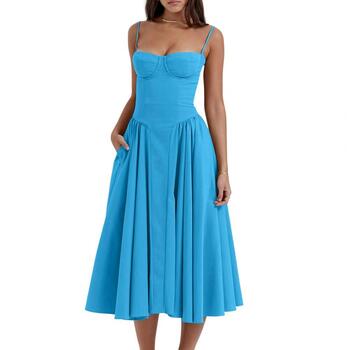 Summer Women Dress Low-cut Spaghetti Strap French Court Style A-line Pure Color Slim Pleated Cocktail Party Midi Dress