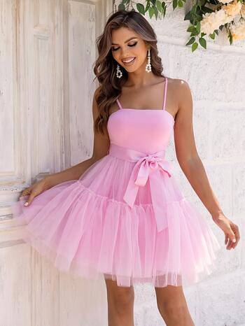 Square Collar A-line Homecoming Dresses Tulle Spaghetti Straps Backless Pleats Bow Belt Birthday Party Gowns Dating Mini Dress