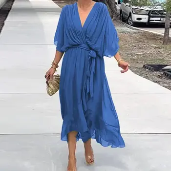 Spring V Neck Loose Long Irregular Dress Women Sexy Lace-up Pleated Bohemian Dress Summer Batwing Sleeve Solid A-Line Maxi Dress
