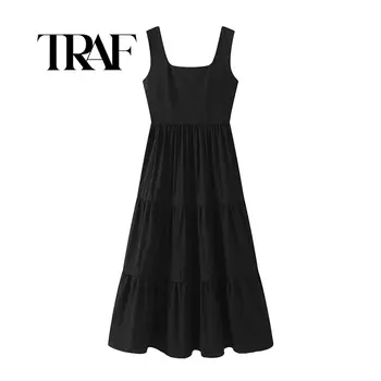  TRAF Black Long Dresses Women Sleeveless Slip Midi Dress Woman Backless Sexy Women Dress Summer Loose Elegant Dresses