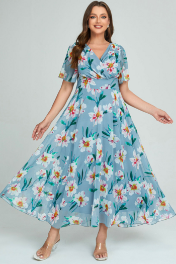 Plus Size Women's Casual Blue Chiffon Short Sleeved Elegant Print Dress with V-Neck Large Hem Beach Style Dress Vestidos
