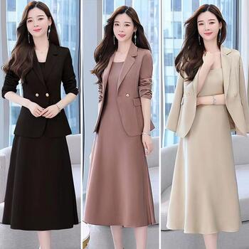 2Pcs/Set Women Outfit Commute Mid-length Light Luxury Business Spring Coat Dress Suit Elegant Sling Style Coat Long Dress Suit