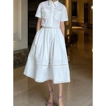 Elegant Two Piece Sets for Women Lapel Short Sleeve Tops High Waist A Line Pleated Skirts Solid Set Female Summer 2024  Dress